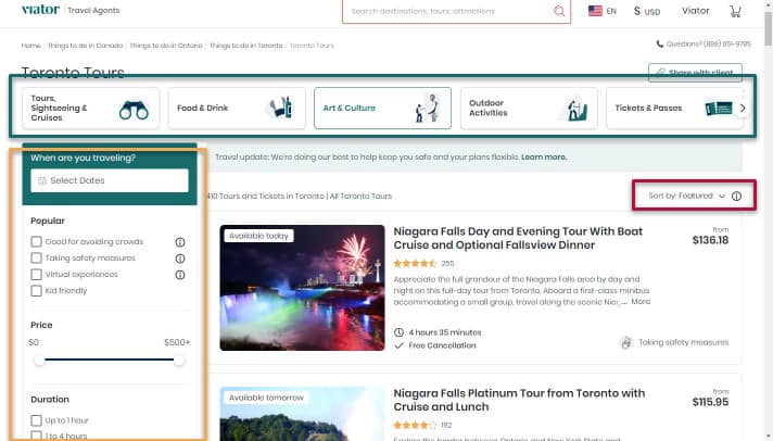 destination page middle rail and filters